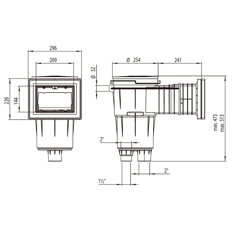 Medidas Skimmer 17,5L boca ancha y alargo tapa cuadrada piscina hormigón AstralPool